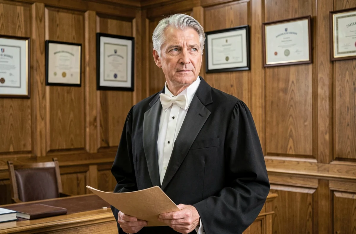 Avocat Patrick Hoepffner à Cognac, en robe d'avocat noire traditionnelle devant des boiseries en chêne et des diplômes encadrés