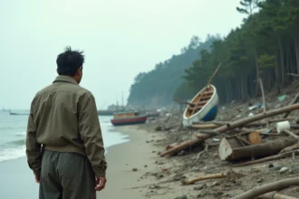 Pêcheur japonais devant un paysage de dévastation post-tsunami