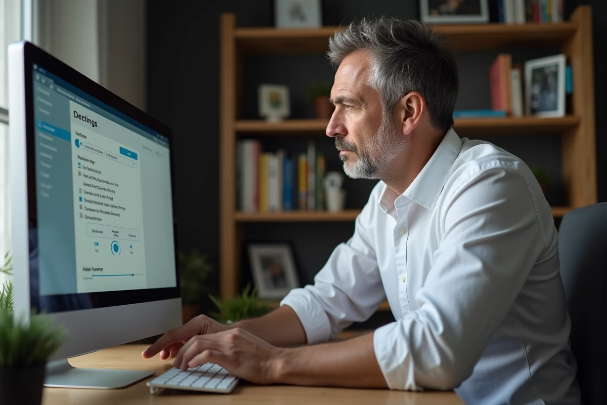 Un père paramètre les contrôles parentaux sur un ordinateur de bureau pour protéger ses enfants mineurs sur l'application Tarenoi