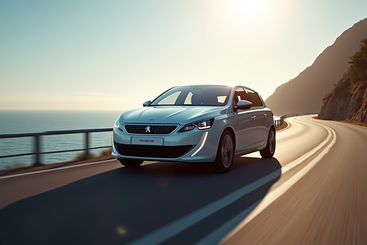 Peugeot 308 électrique en conduite sur route côtière ensoleillée