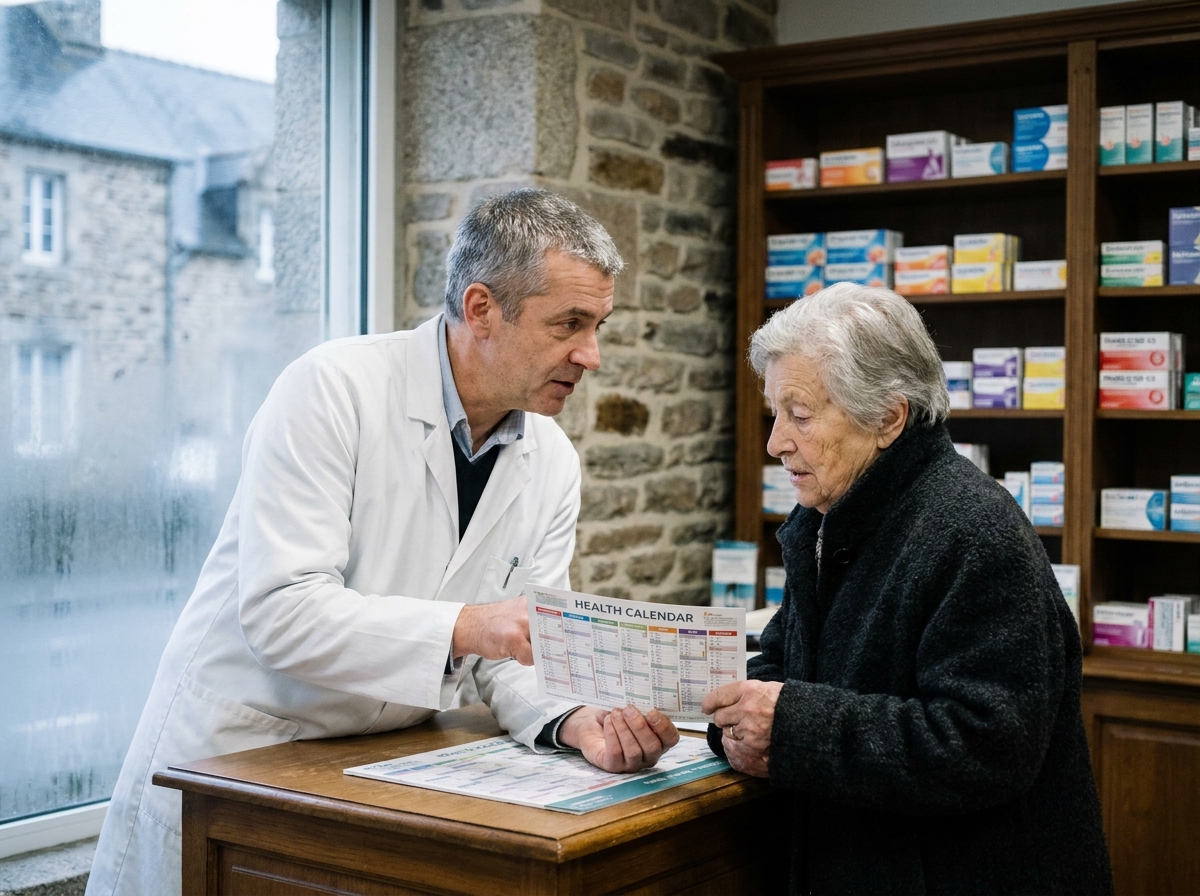 Pharmacien en Côtes-d'Armor conseillant une cliente âgée sur la préparation de ses rendez-vous santé avant les fêtes de Noël