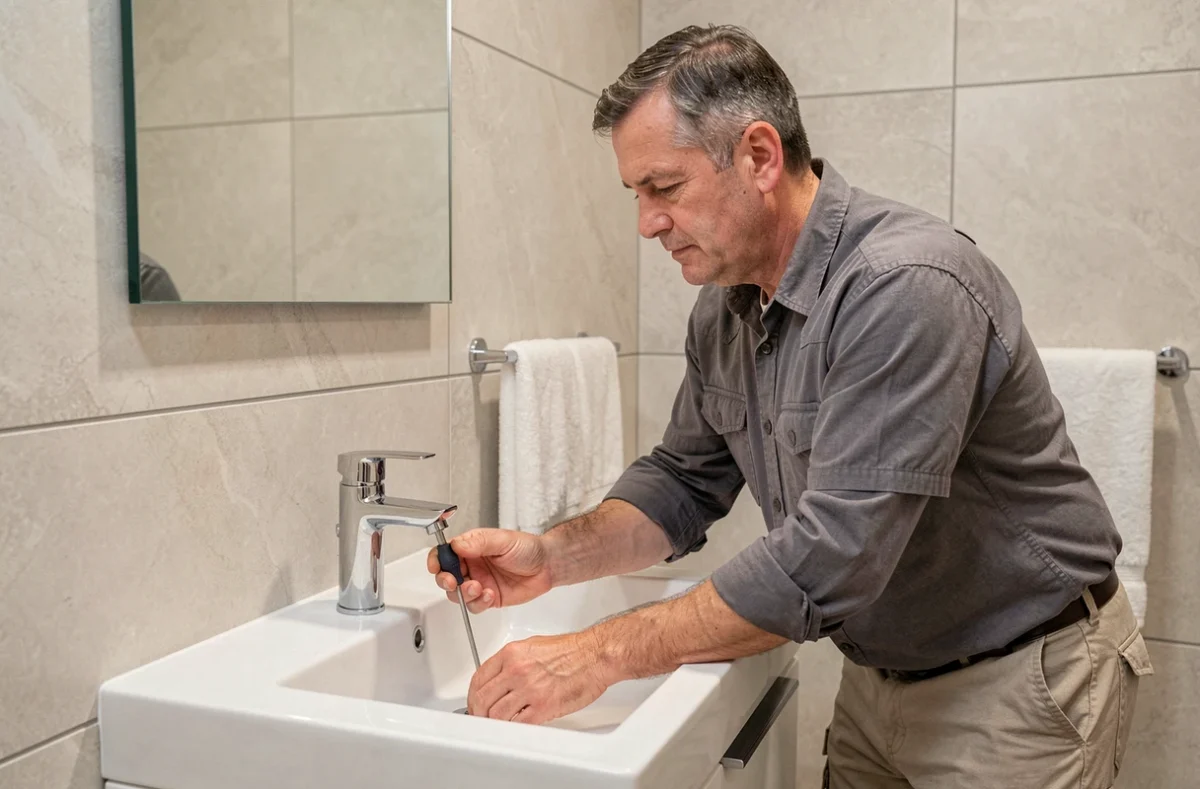 Philippe Guillaume, plombier indépendant, installant un mitigeur sur un lavabo dans une salle de bain rénovée à Orléans