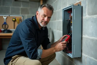 Électricien utilisant une pince ampèremétrique multifonction sur un tableau électrique dans un sous-sol de maison