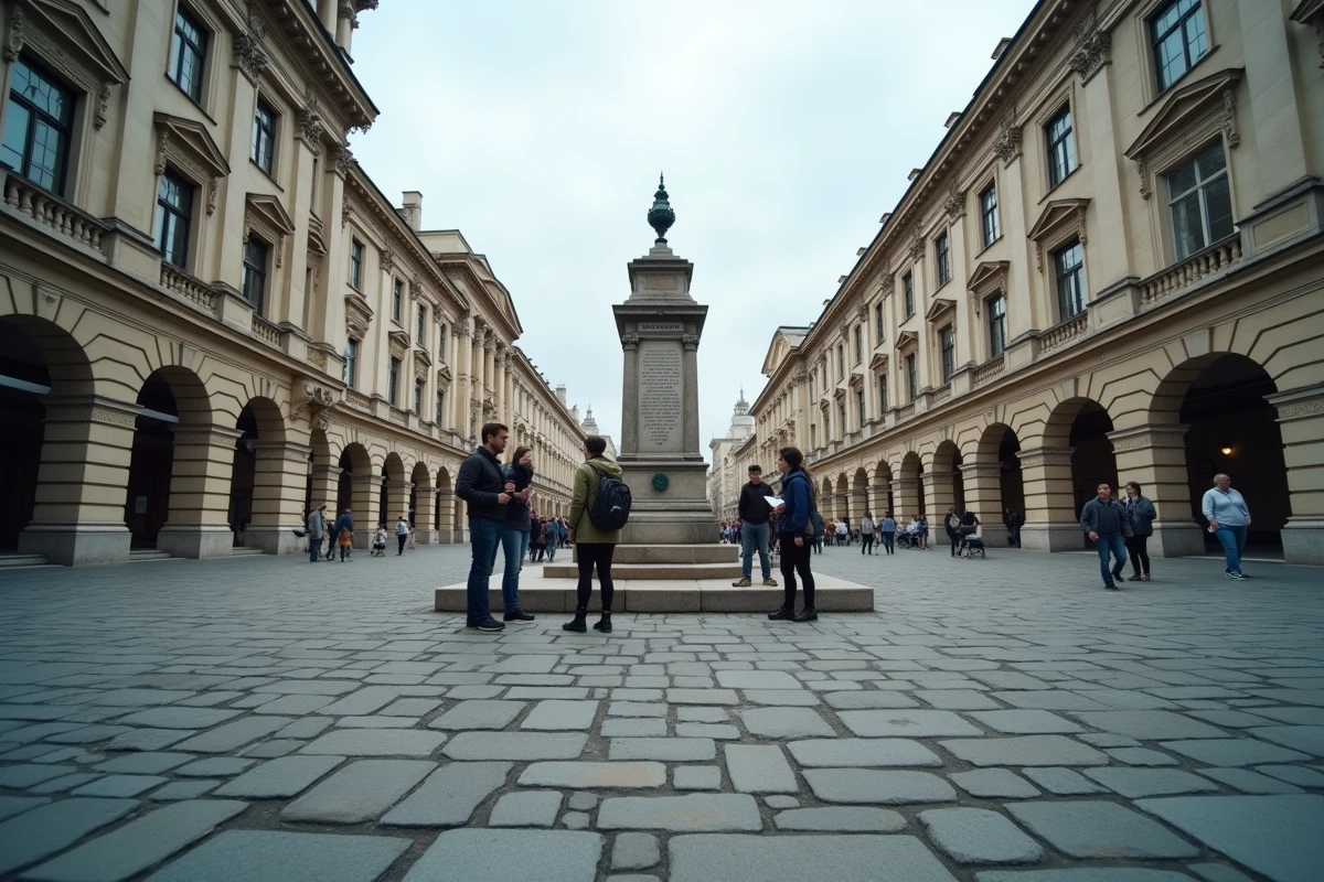 Place historique d'une capitale européenne avec architecture néoclassique et monument gravé