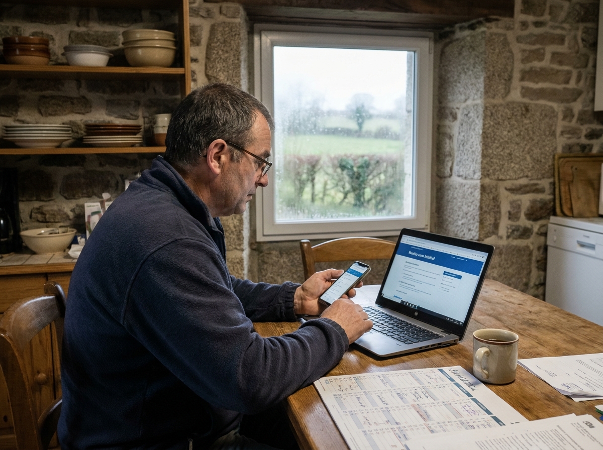 Homme en zone rurale des Côtes-d'Armor prenant rendez-vous médical en ligne depuis sa cuisine avant les fêtes de fin d'année