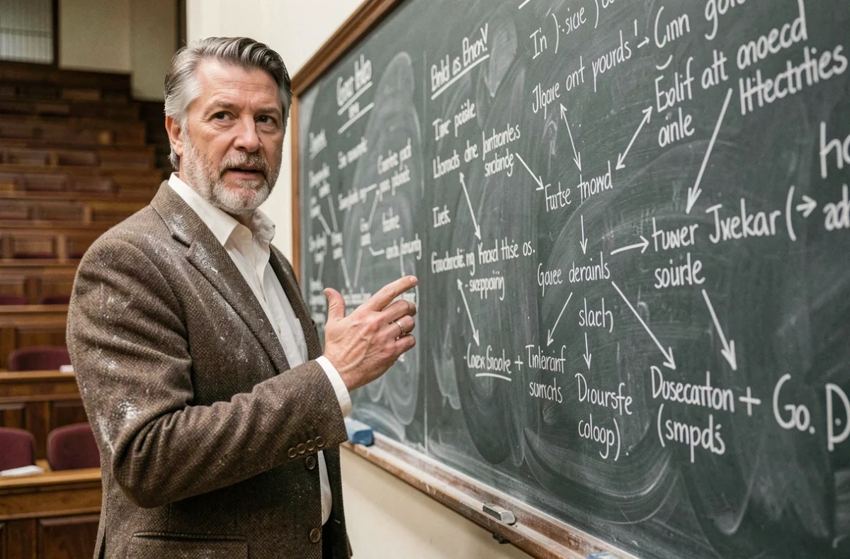 Professeur de littérature expliquant des exemples paradigmatiques au tableau dans un amphithéâtre universitaire classique