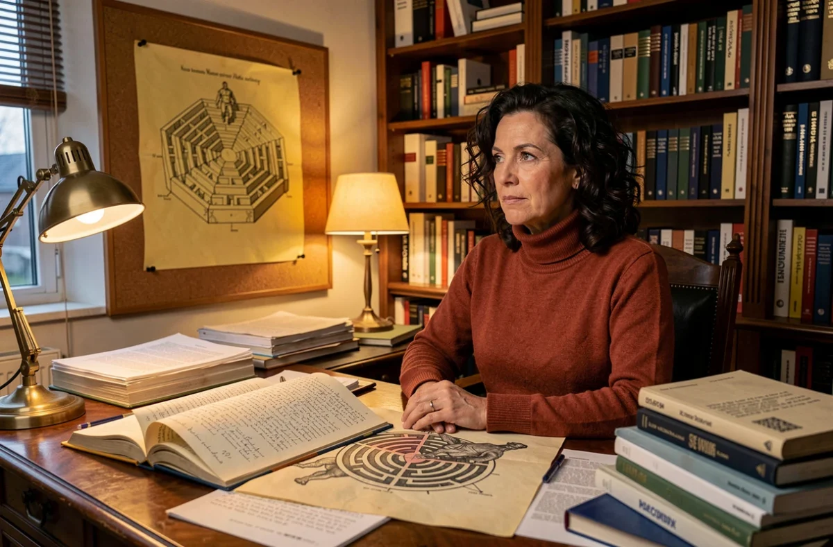 Professeure de mythologie assise dans son bureau entouré de livres anciens et d'illustrations du labyrinthe du Minotaure