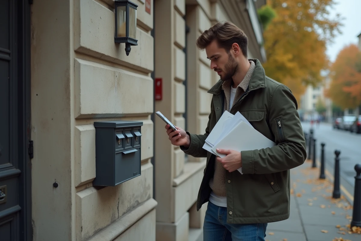 Jeune homme vérifiant son courrier dans les boîtes aux lettres d'un immeuble résidentiel urbain
