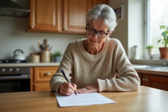 Femme rédigeant une lettre attestation d'hébergement à la main sur une table en bois dans une cuisine familiale