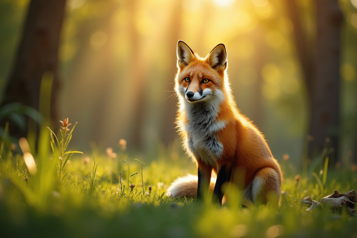 Renard rouge dans une forêt ensoleillée avec lumière naturelle