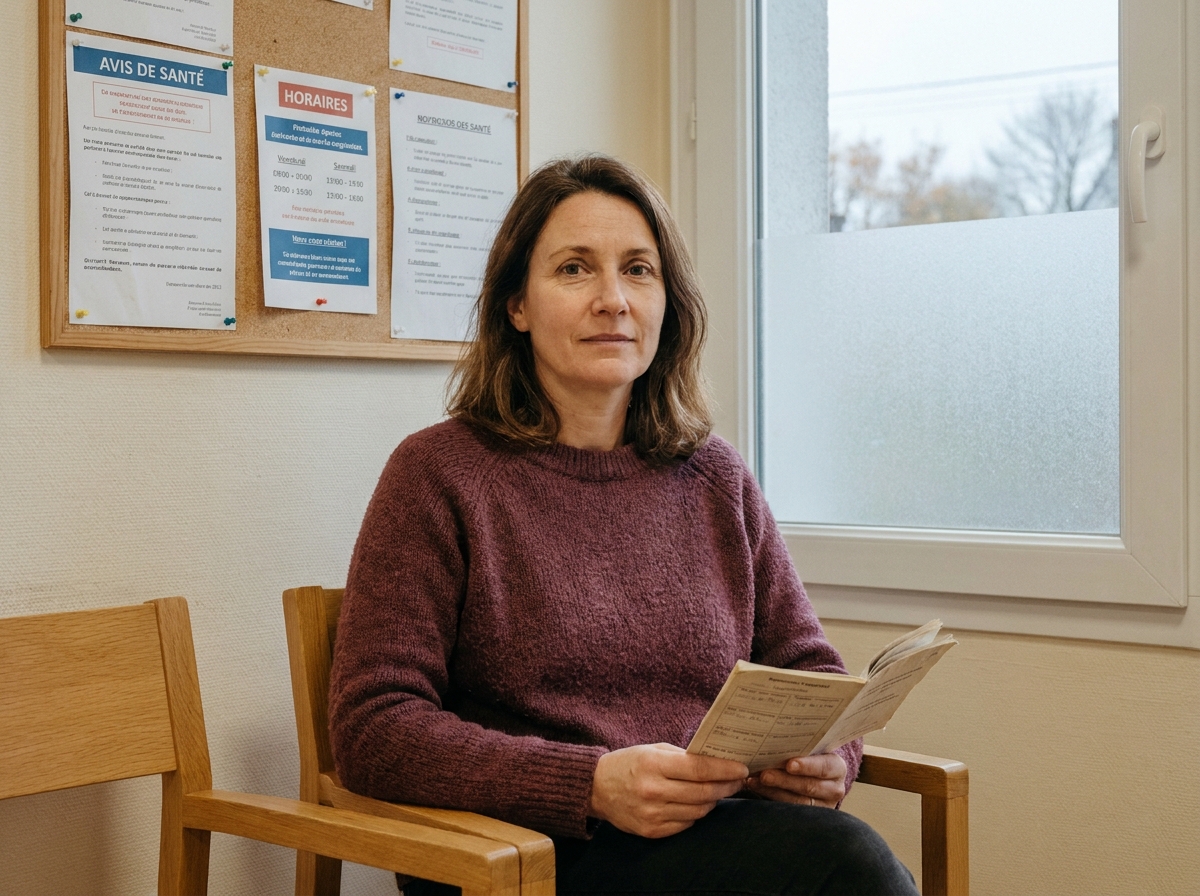 Femme attendant son rendez-vous médical dans une salle d'attente d'un cabinet de médecin généraliste en Côtes-d'Armor avant les fêtes de fin d'année