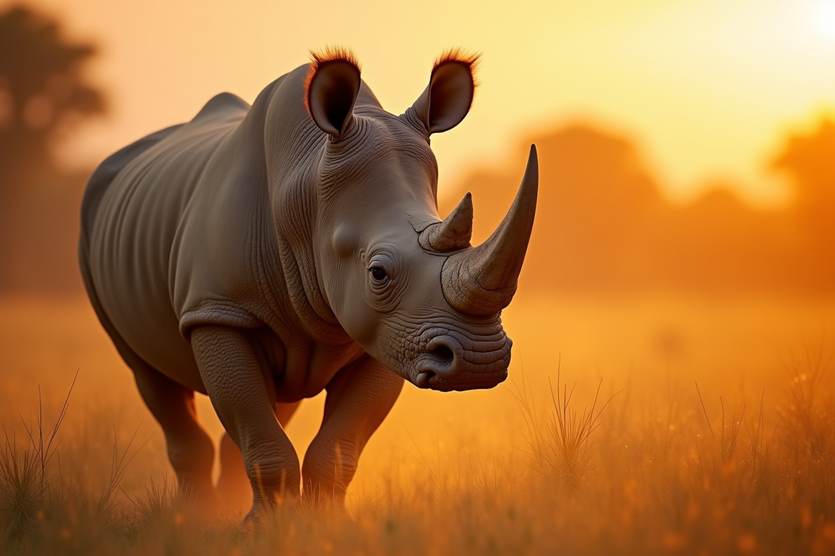 Rhinoceros dans la savane dorée au lever du soleil