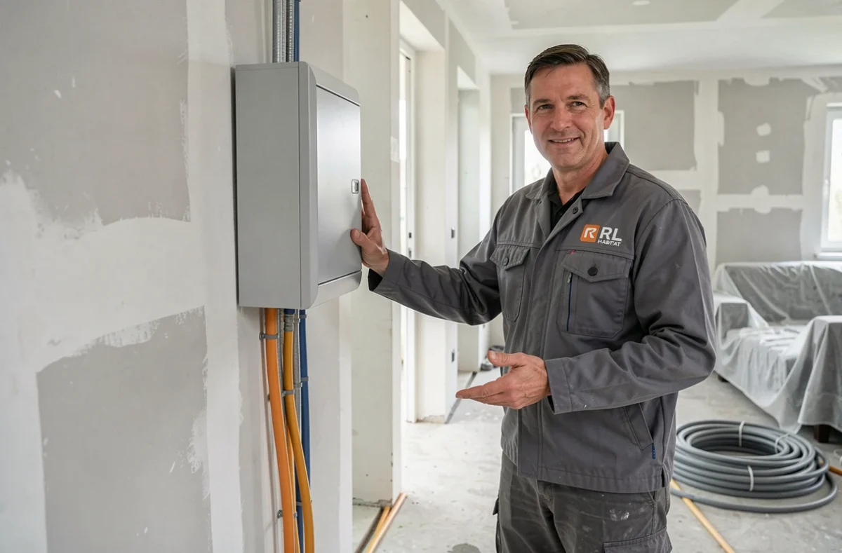 Technicien RL Habitat présentant une installation combinée de plomberie et d'électricité dans un appartement en rénovation à Orléans