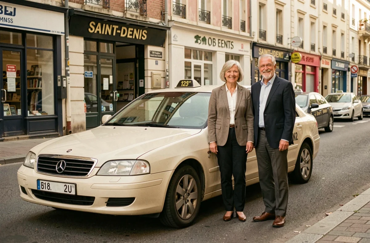 Duo de gérants de la compagnie Saint Juste J Robert Et Bernarde devant leur véhicule taxi dans une rue de Saint-Denis