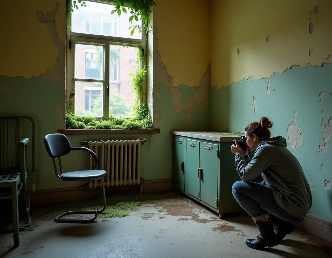 Salle commune abandonnée d'un hôpital psychiatrique avec une exploratrice urbex respectant les lieux