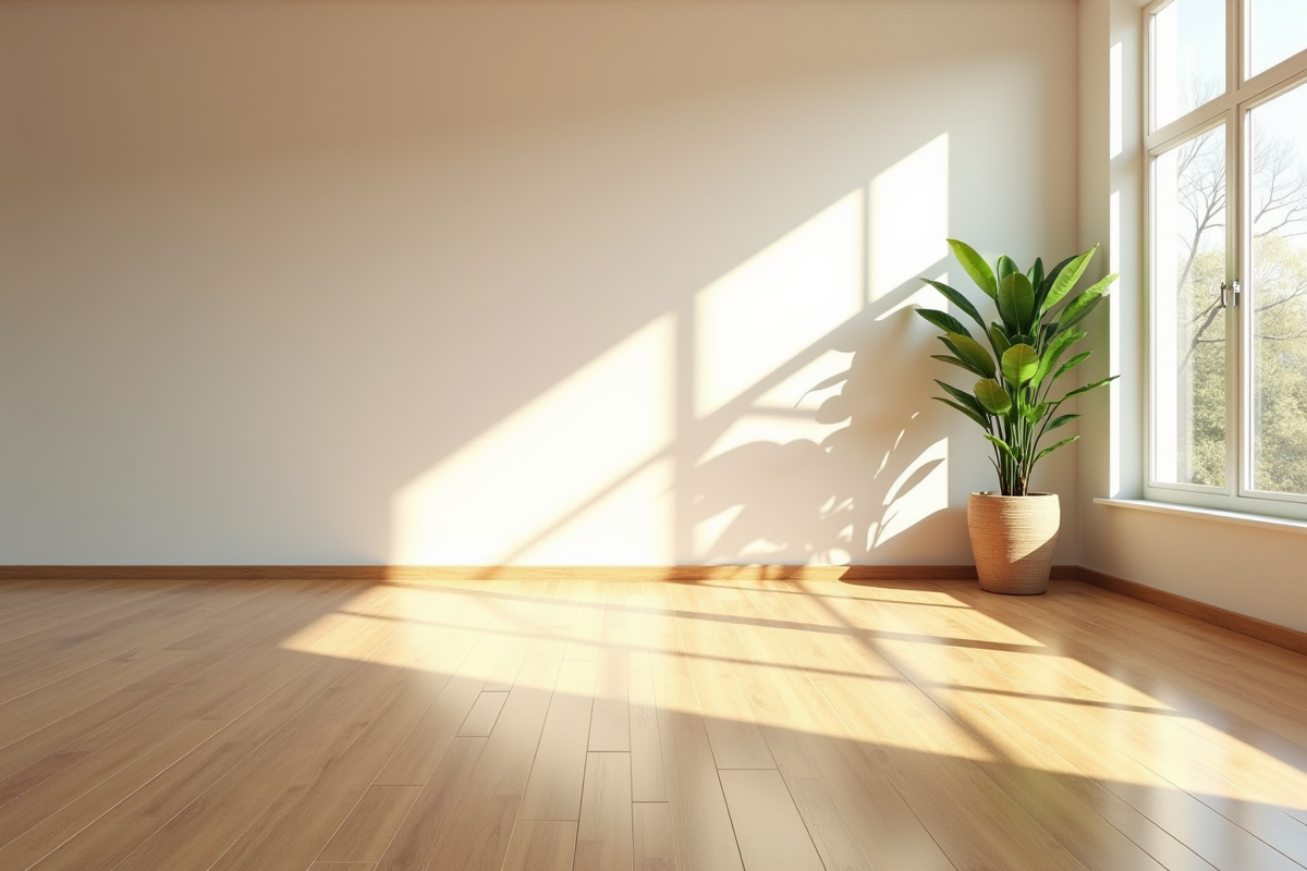 Salon vide lumineux avec grandes fenêtres et plancher en bois