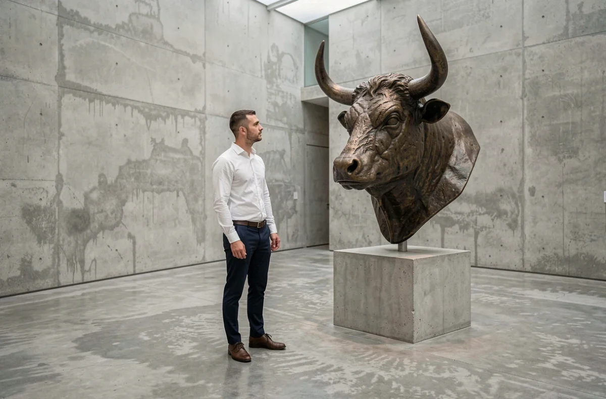 Jeune homme contemplant une sculpture contemporaine en bronze représentant la tête mi-humaine mi-taureau du Minotaure dans une galerie d'art moderne