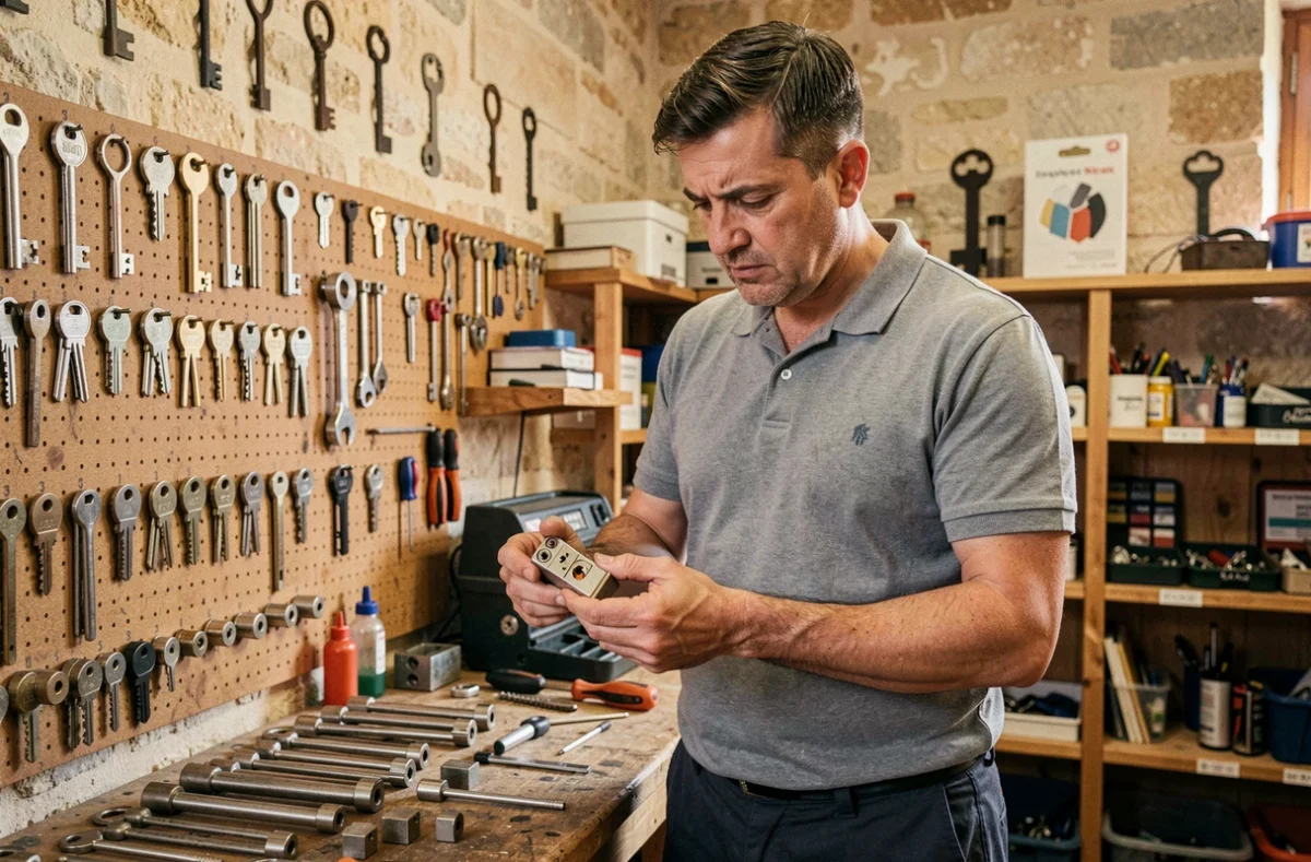 Serrurier expert examinant des cylindres et clés dans un atelier de serrurerie en Occitanie