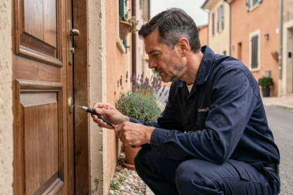 Serrurier professionnel en uniforme intervenant sur une porte d'entrée résidentielle en Occitanie