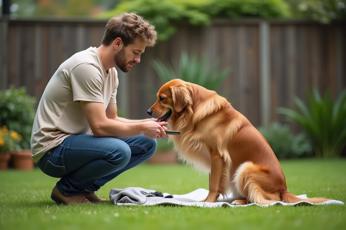 Jeune homme peignant un retriever dans un jardin