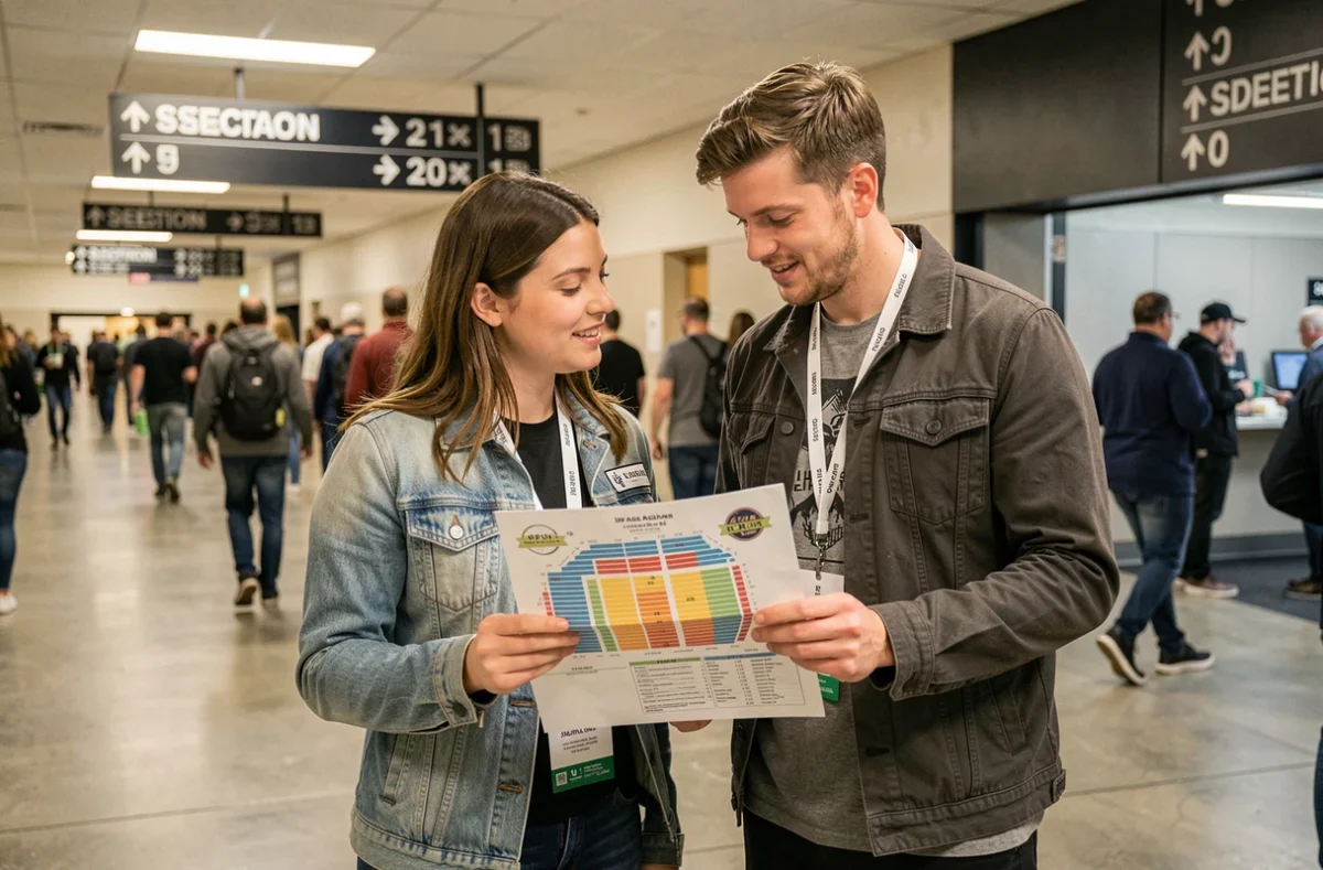 Deux spectateurs consultant le plan de salle de l'Accor Arena Paris dans le couloir avant le concert