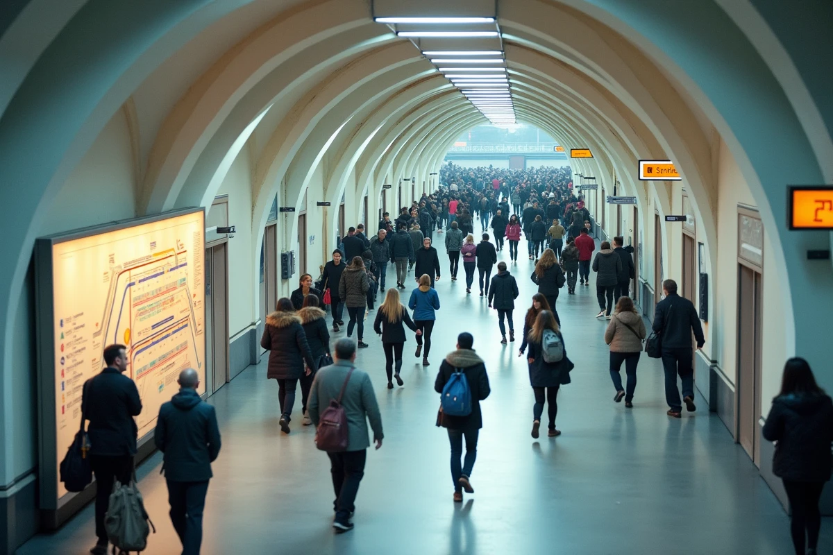 Vue grand angle de la station Bellecour à Lyon avec voyageurs et plan du réseau TCL affiché