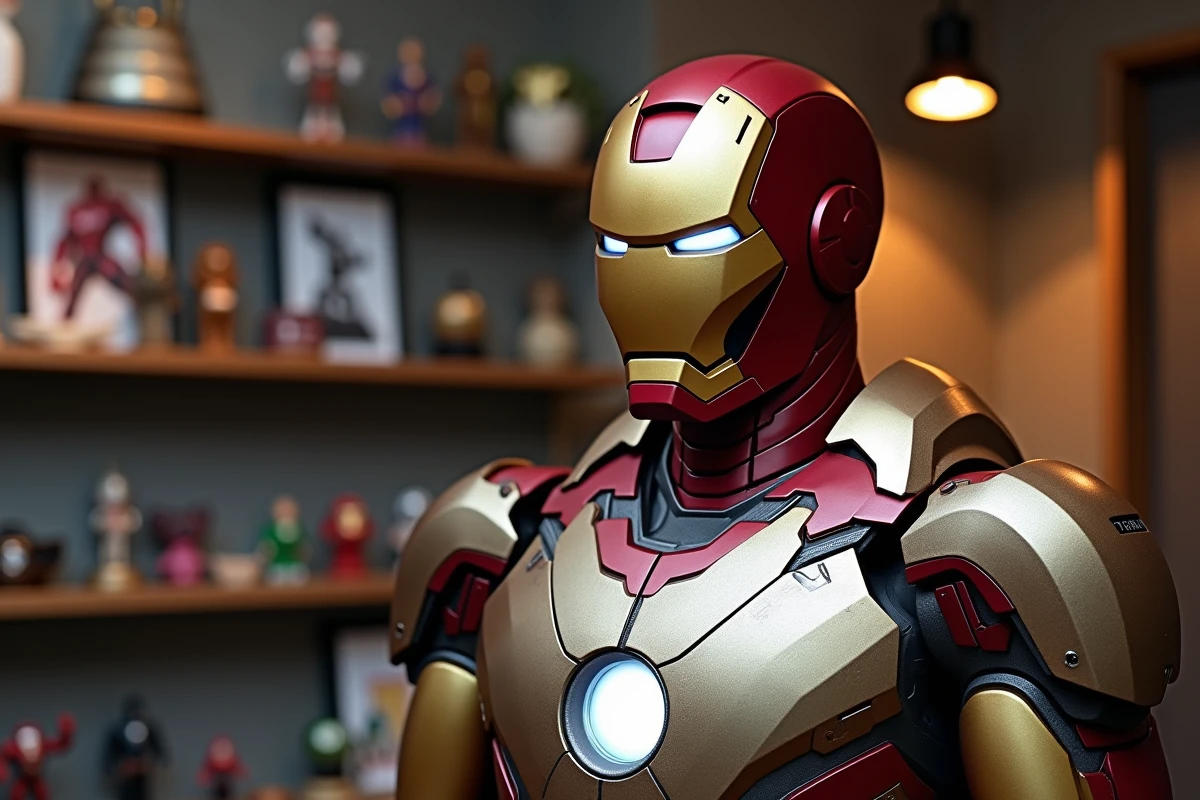 Gros plan sur une statue Iron Man grandeur nature avec détails d'armure et réacteur arc dans une salle de collection