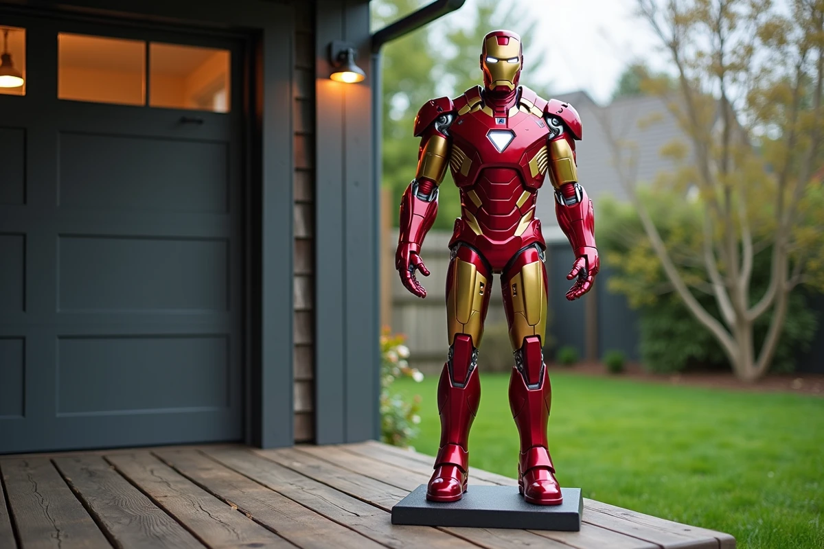 Statue Iron Man taille réelle exposée en extérieur sur une terrasse en bois avec jardin en arrière-plan