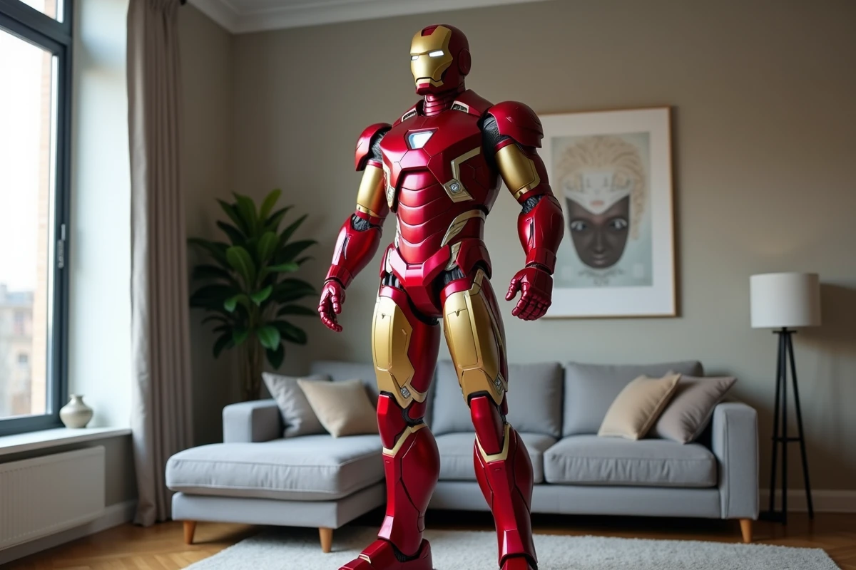 Statue Iron Man taille réelle en résine rouge et or installée dans un salon moderne avec parquet bois