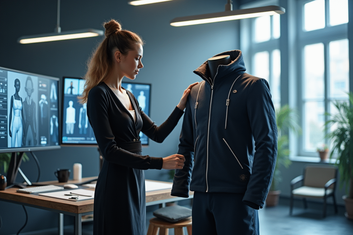 Studio de mode futuriste avec designer ajustant une veste intelligente