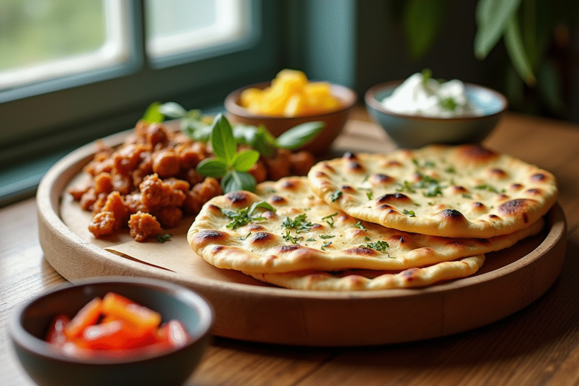 Table en bois avec naans et garnitures appétissantes