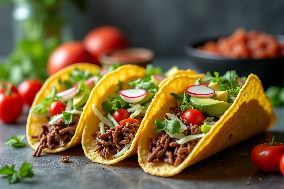 Tacos garnis avec viande et légumes frais sur plan de cuisine