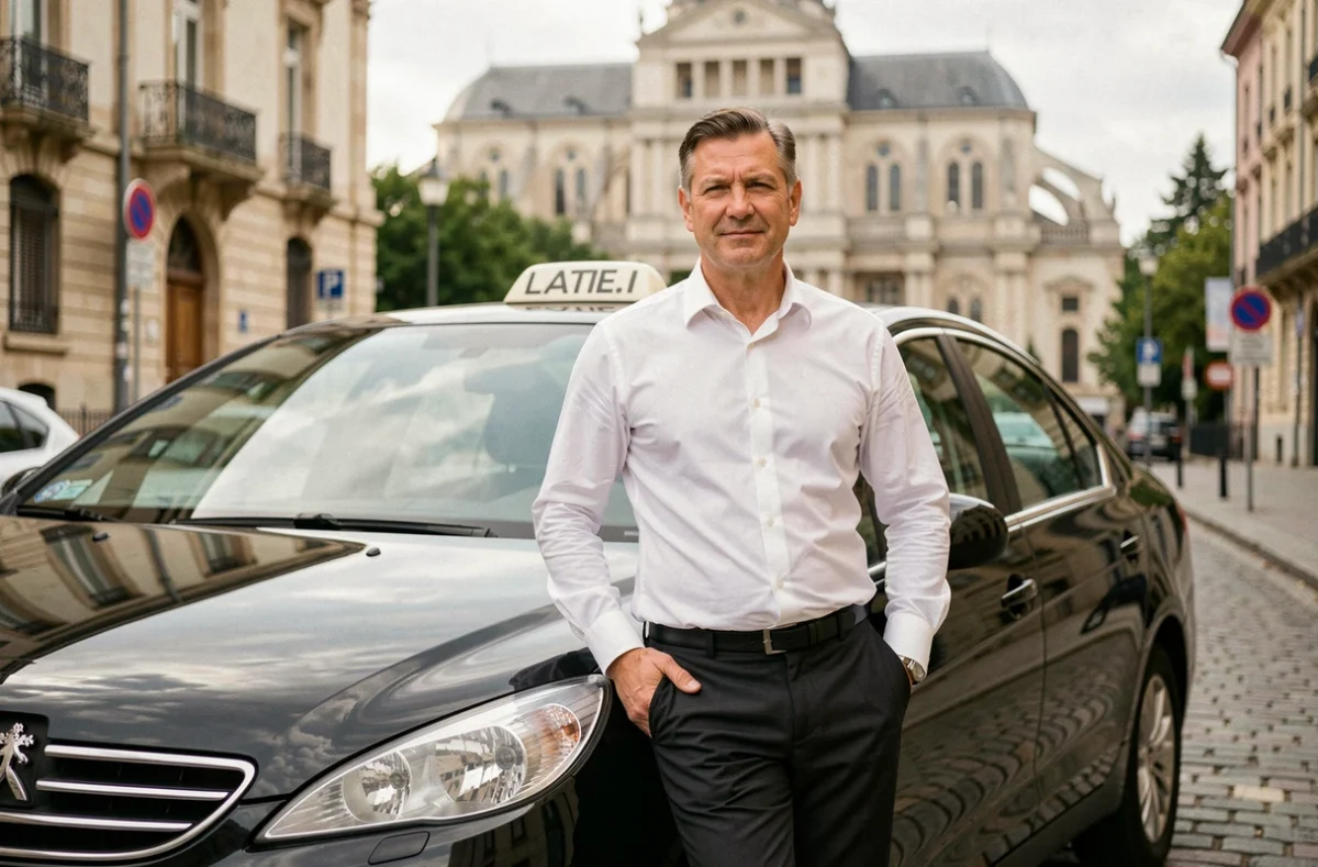 Chauffeur de Taxi Cab Parisien appuyé contre sa berline noire avec la basilique de Saint-Denis visible en arrière-plan flou