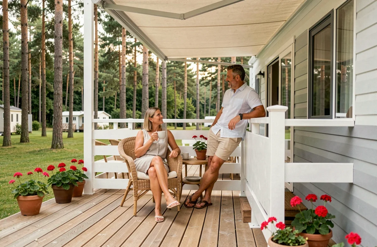 Couple se relaxant sur la terrasse en bois d'un mobil-home haut de gamme entouré de pins dans un camping verdoyant