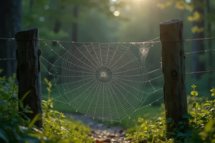 Toile d'araignée couverte de rosée dans une forêt, symbolisant la beauté et le danger de l'araignée dans Hunter x Hunter