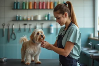 Groomer femme brossant un petit chien long poil en salon