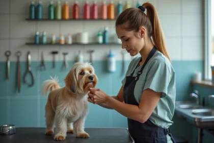 Groomer femme brossant un petit chien long poil en salon