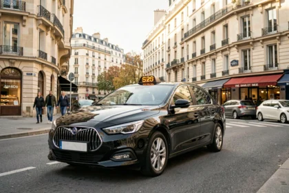Vue d'ensemble d'un taxi noir dans une rue animée de Seine-Saint-Denis illustrant le top 10 des compagnies de taxi du département