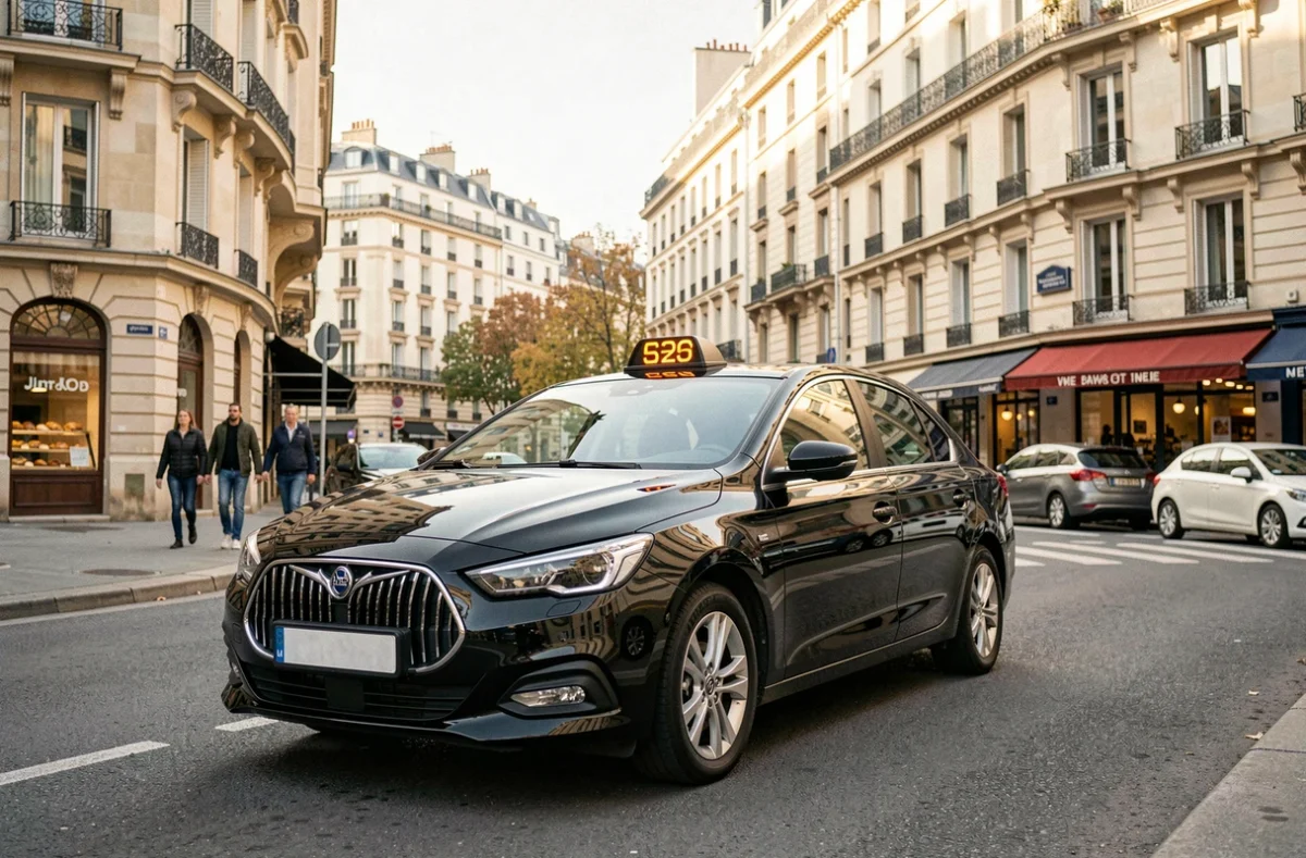 Vue d'ensemble d'un taxi noir dans une rue animée de Seine-Saint-Denis illustrant le top 10 des compagnies de taxi du département
