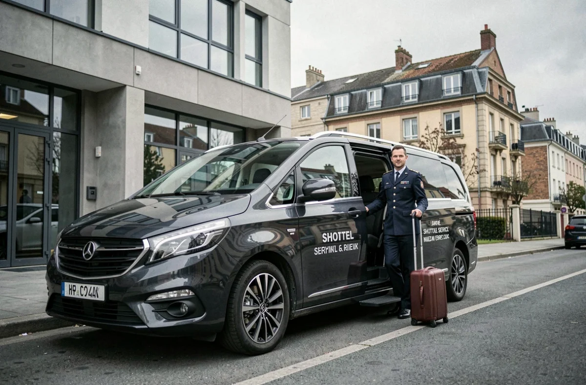 Minivan de transfert de la compagnie TranShuttle'S stationné devant un bâtiment commercial à Montreuil
