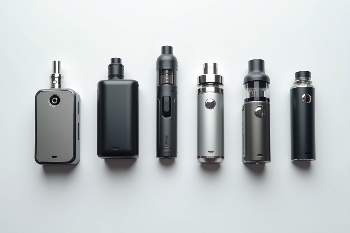 Plusieurs appareils de vape usagés alignés pour comparaison