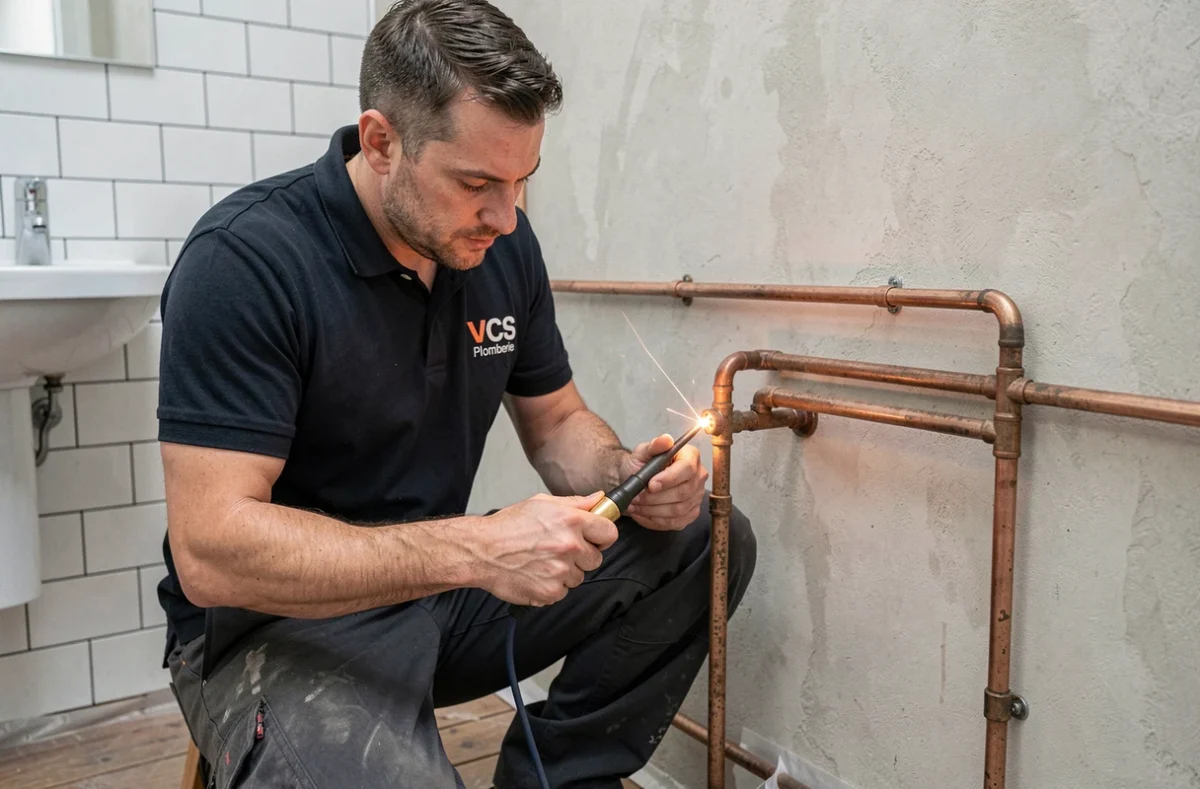 Technicien VCS Plomberie en train de souder des raccords en cuivre dans une salle de bain résidentielle à Orléans