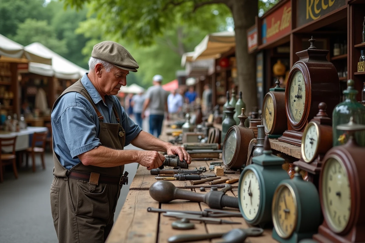 Mains d'un vendeur arrangeant des objets vintage et des outils anciens sur un étal de brocante en Moselle