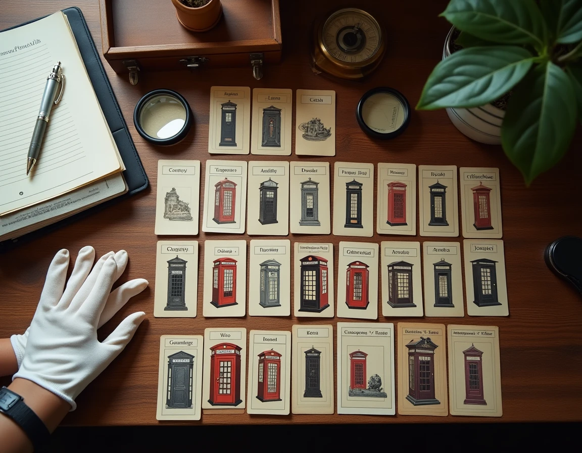 Vue aérienne d'une collection de cartes cabine téléphonique organisée en catégories sur une table en chêne avec accessoires de classement