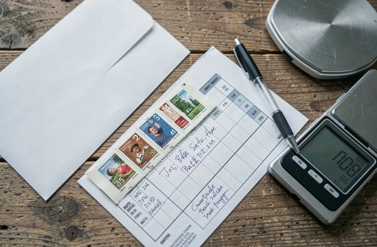 Vue de dessus d'un bureau avec enveloppe, timbres et grille tarifaire d'affranchissement postal