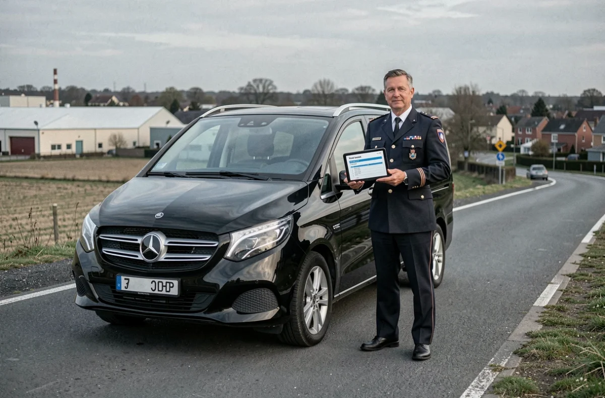Chauffeur professionnel en uniforme avec un grand véhicule noir de transfert de Yes We Go Europe Transfers à Sevran